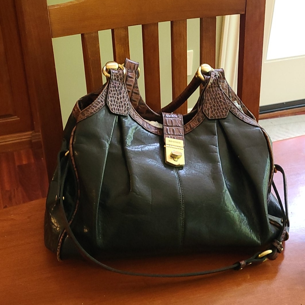 Brahmin Black Leather Pleated Croc trim